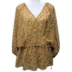 Ophelia Roe Tunic Wrap Top Womens 1X Mustard Yellow Floral Chiffon Blouse Boho